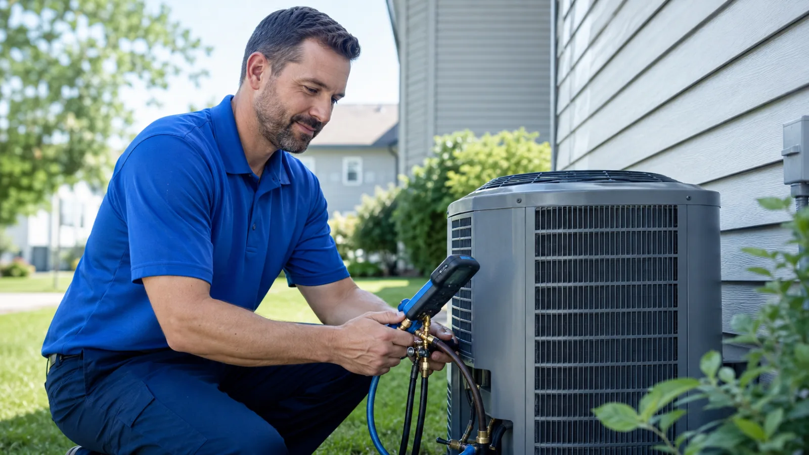 Experienced AC technician servicing an outdoor condenser unit